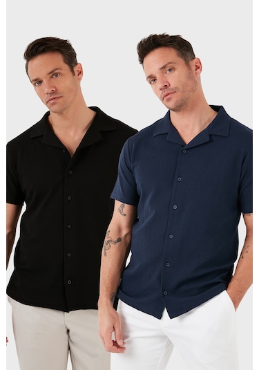 Buratti Pamuklu Regular Fit Kısa Kollu 2'Li Paket Erkek Gömlek 5902640S2 Siyah-Indigo