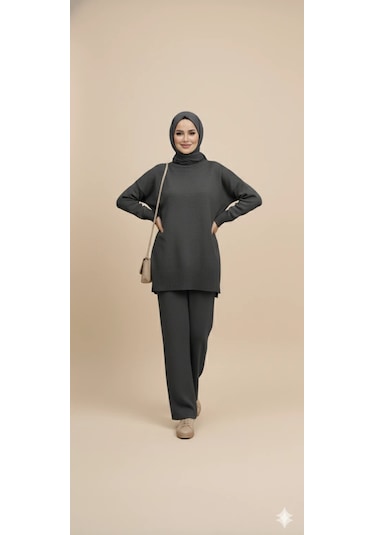 Triko Tunik Pantolon Tesettür Takım Antrasit