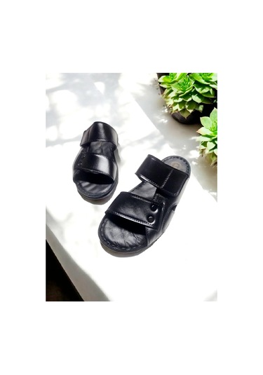 Erkek Gerçek Deri Cırtlı Ayarlanabilir Ev Ve Dışarı Terliği Siyah