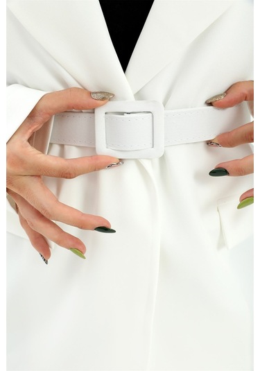 Düşük Omuz Kemerli Atlas Kumaş Blazer Ceket - Ekru-ekru Ekru