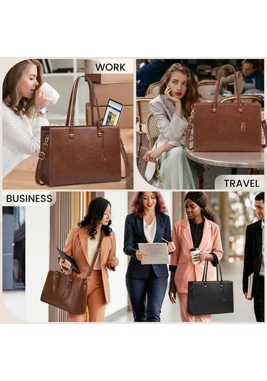 Xuweiwei Nubıly Kadın 15.6 Inç Vintage Siyah Faux Leather Profesyonel Laptop Çantası İş Ofis Sırt Çantası Açık Mavi