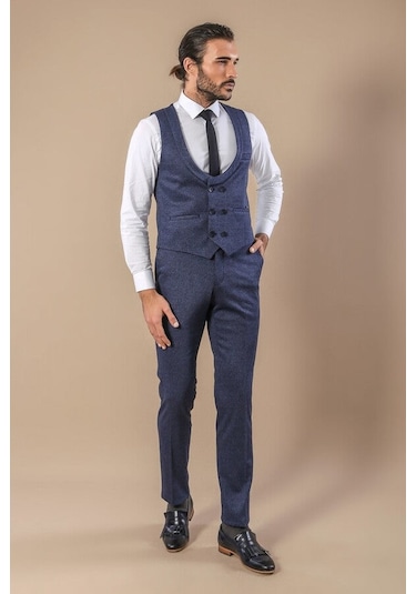 Desenli Kruvaze Mavi Erkek Yelek Pantolon Set - Wessi