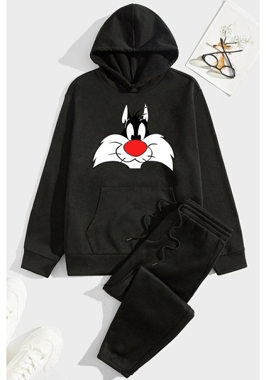 Beyaz Kapuşonlu Sylvester Eşofman Takımı Siyah