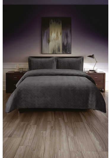 Silva Kadife Çift Kişilik Yatak Örtüsü Takımı - Antrasit