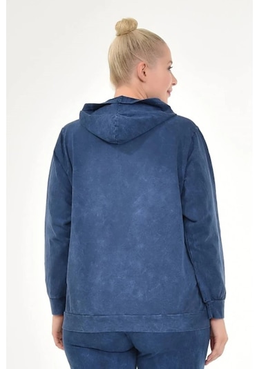 Kadın Büyük Beden İtalyan Yıkama Lacivert Kapşonlu Sweatshirt Lacivert