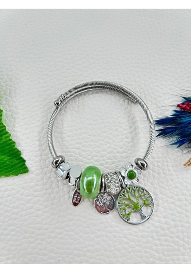 Bhs Life Kadın Charmlı Yeşil Renk Kristal Taşlı Hayat Ağacı Çelik Bileklik Sarı
