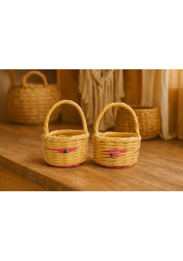 Mini El Yapımı Hasır Sepet 2 Li Dekoratif Süs Sepeti Seti Bej - Sarı