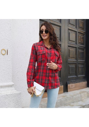 Gmxıa Kadın Modası Günlük Ekose Baskı Uzun Kollu Polo Yaka Bluzlar Ve Gömlekler Kırmızı