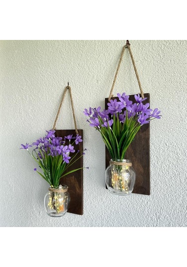 Led Işıklı, Lila Nergis Çiçekli Duvar Dekoru Ceviz İkili Set Ceviz