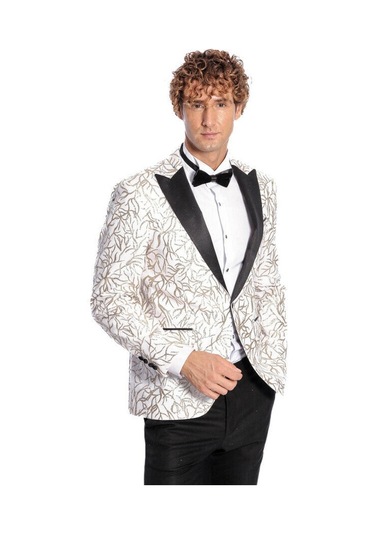 Wessi Işıltılı Sarmaşık Desenli Slim Fit Beyaz Erkek Smokin Ceket Beyaz