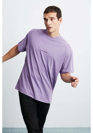 Grimelange Rıver Erkek Oversize Fit Bol Kesim Nakış Işlemeli Basic Örme Mor T-shirt Mor