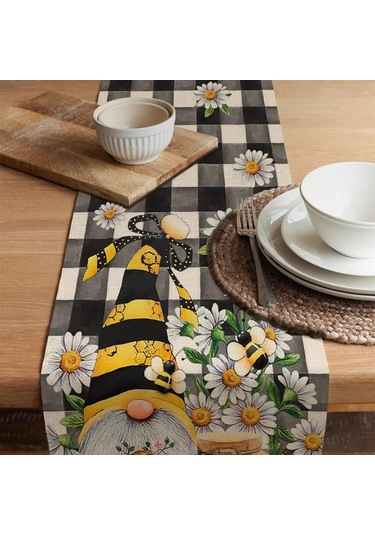 Bahar Arı Gnome Masa Koşucu, Bal Siyah Beyaz Ekose Kontrol Ev Mutfak Yemek Dekor