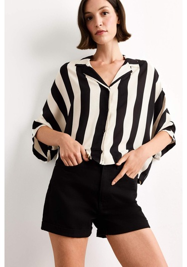 Defacto Oversize Geniş Kalıp Çizgili Kısa Kollu Gömlek G1324ax25smbk81 Siyah