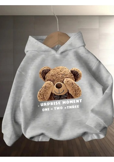 Kışlık Kapüşonlu Sweatshirt, Çocuk Ayı Suprise Baskılı Gri