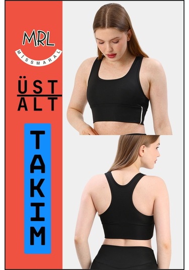 Kadın Siyah Takım Alt-üst Kısa Şort-tayt Ve Pedli Sporcu Büstiyer 2li Set Beyaz Biyeli Siyah Beyaz