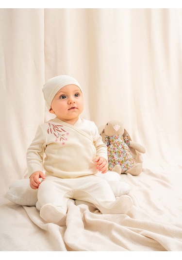 Kd43316.organik Sertifikalı Nakışlı Kız 3lü Takım 0-1/1-3/3-6/6-9ay Ekru