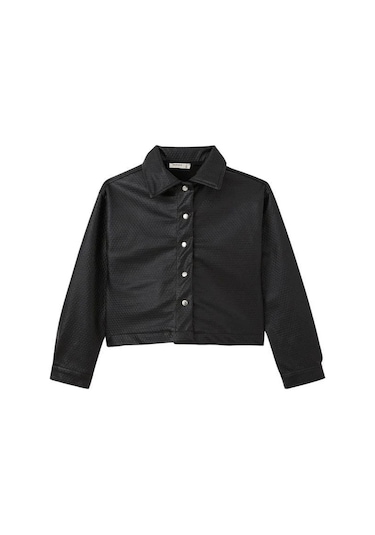 Kız Çocuk Kabartma Desenli Çıtçıtlı Deri Ceket-15247 Siyah