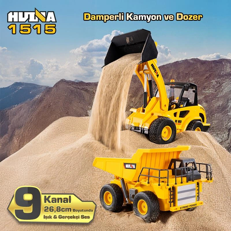 Huına 1515 1/24 9ch Rc Damperli Kamyon & Wheel Loader Dozer Kazıcı Set İş Makinesi İnşaat Uzaktan Kumandalı Rc Model Metal Kepçeli - 2.4g Gerçekçi Similasyon Ses Ve Işık Sistemi