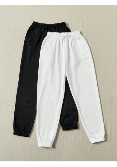 2'li Basic Düz Eşofman Altı Jogger - Siyah Ve Beyaz Lastik Paça Yüksel Bel Siyah Beyaz
