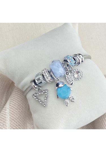 Charm Bileklik Balık Figürlü Çelik Bileklik Gümüş Mavi Balık