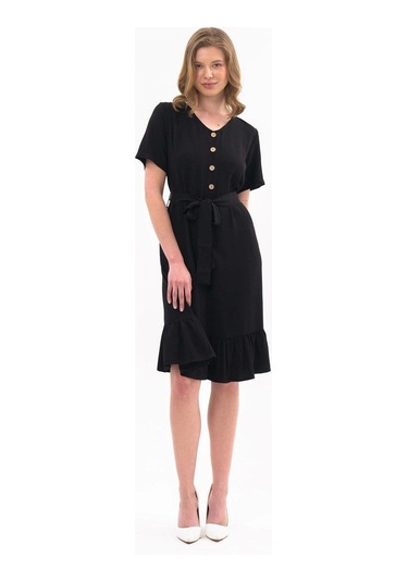 Apsen Kadın Siyah Renk Önden Düğme Detaylı Yazlık Midi Elbise 4437-105 Siyah