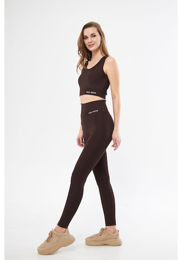 Lesa Wear Yüksek Bel Likralı Toparlayıcı Tayt Crop Takım Kahverengi