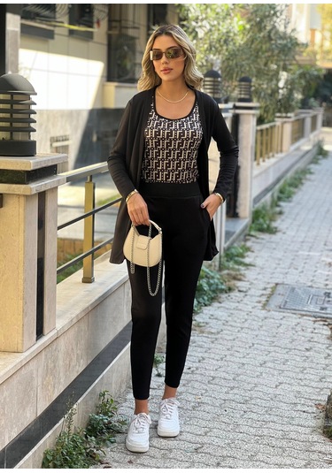Modasize Kadın Uzun Kollukrep Üçlü Takım Siyah