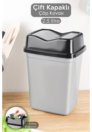 Çift Kapaklı Kelebek Çöp Kovası - Tezgah Üstü Banyo Mutfak Ofis Çöp Kovası 2,5 Litre Gri