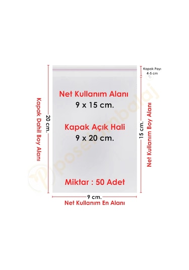 9x15+5 Cm. 9x20 50 Adet Şeffaf Bantlı Yapışkanlı Opp Poşet