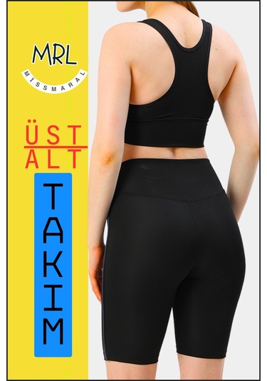 Kadın Siyah Takım Alt-üst Kısa Şort-tayt Ve Pedli Sporcu Büstiyer 2li Set Lacivert Biyeli Elt3043 Siyah Lacivert