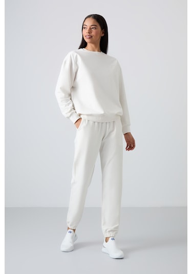 Tommy Life Ekru Basic Pamuklu O Yaka Oversize Lastik Paça Kadın Eşofman Takım - 95287 Ekru