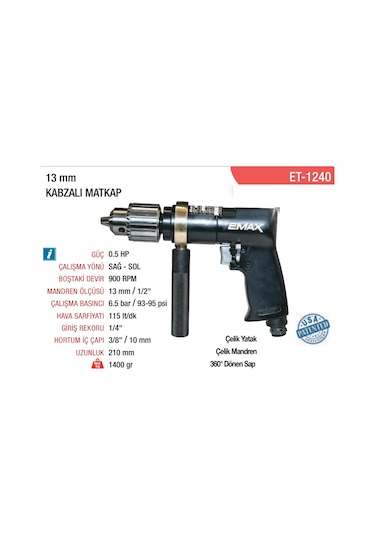 Emax Havalı Kompozit Kabzalı Matkap 13 MM - Devir 900 Rpm