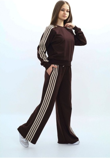 Kız Çocuk %100 Pamuk Uzun Kol Oversize Alt&üst Eşofman Takımı-eşt-0027 Kahverengi-krem