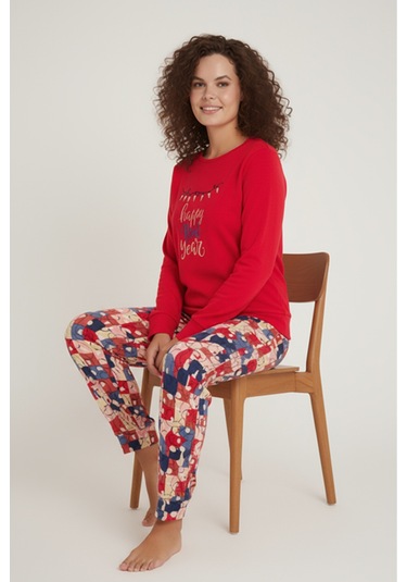 Luxury Thermal Happy New Year Desenli Kadın Polar Kışlık Pijama Takımı 42049 Bordo