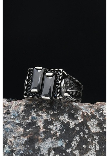 Kartal Figürlü Siyah Baget Taşlı 925 Ayar Gümüş Erkek Yüzüğü 901034