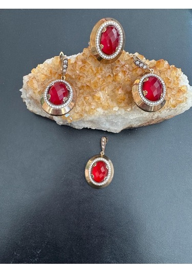 Aysesa Altın Görünümlü Yakut Zirkon Kadın Gümüş Set 2küpe+kolye+yüzük