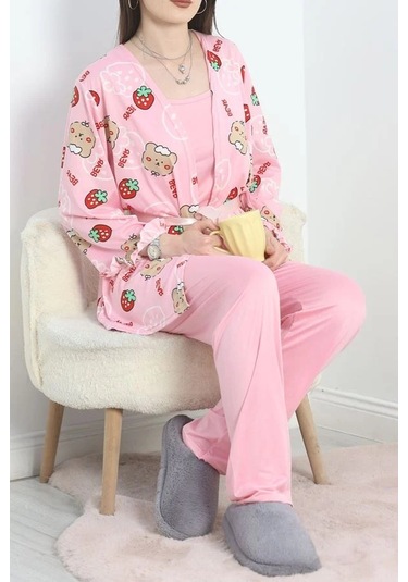 Seka Milan Kumaş 3'lü Set Pijama Takımı Pembedesenli - 70103.1857. Çok Renkli