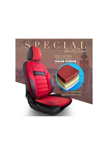 Panda Special Serisi Jakar Kumaş Oto Koltuk Kılıfı - Kırmızı - Siyah
