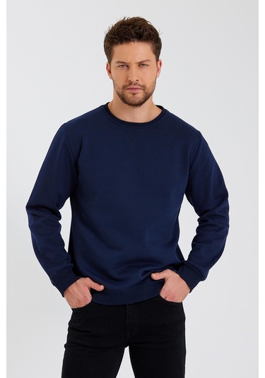 MMetalic Bisiklet Yaka Etiket Detayı İçi Pamuklu Erkek Sweatshirt Lacivert