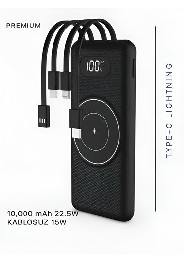 10000mah Pd 22.5w Kablosuz & Kablolu Powerbank Wireless 15w, Usb, Micro & Type-c, İphone Uyumlu Siyah - Siyah