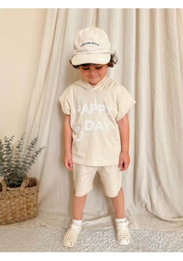 Kapüşonlu Yazlık Baskılı Takım 2404kpsnyzlyk Bej