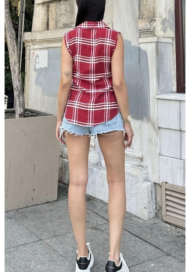 Kadın Bordo Ekose Desen, Dokulu Bodrum Kumaş, Kolsuz Rahat Gömlek Bordo