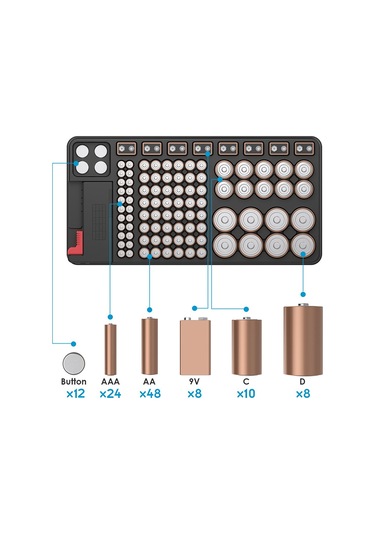 Kosona Pil Saklama Kutusu Lcd Voltmetre İle, 98 Adet Pil İçin Abs Malzeme, Aa/aaa/c/d/9v Ve Düğme Pilleri Organizer Diğer