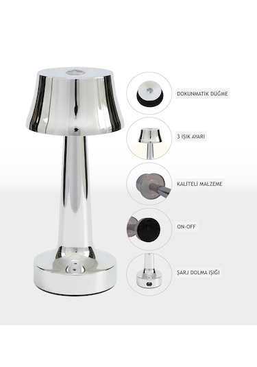 Zenlight Metal Dokunmatik Şarjlı Masa Lambası Gümüş