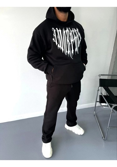 Uzun Kol Kapşonlu Baskılı Sweatshirt - Siyah Siyah