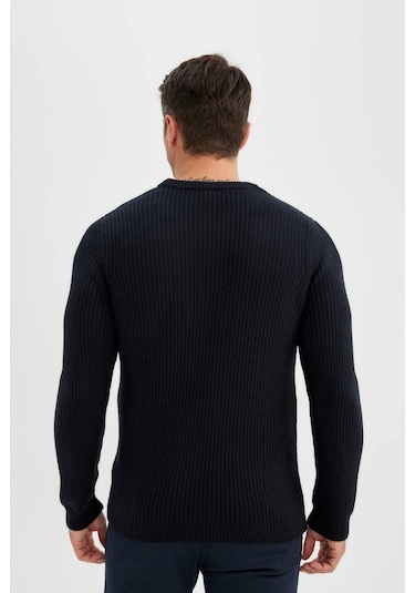 Defacto Standart Fit Normal Kesim Bisiklet Yaka Dokulu Triko Kazak C8814AX24WNNV64 Lacivert