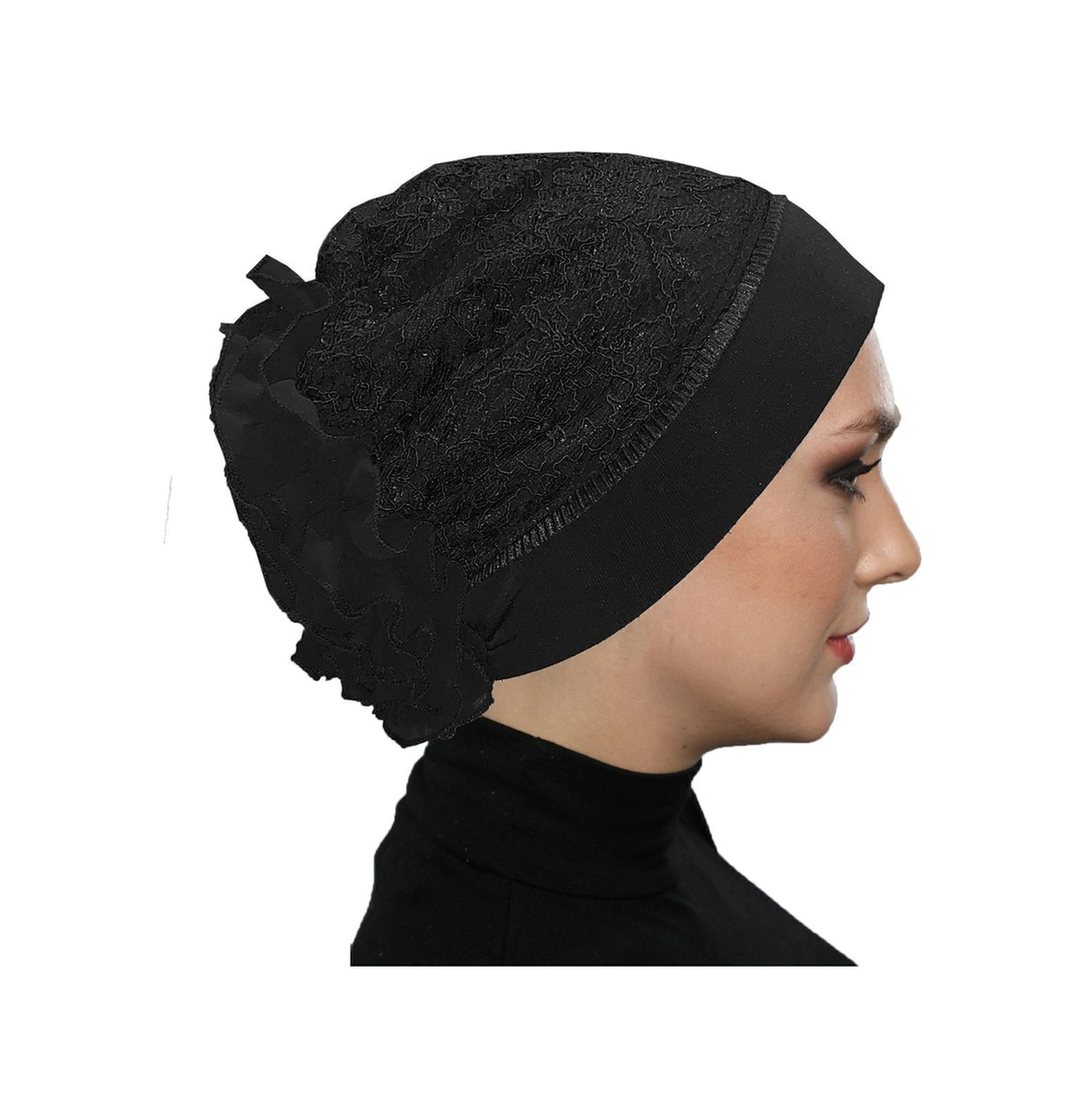 Kordoneli Arkası Fırfırlı Önü Plise Biyeli Siyah Hazır Türban Tesettür Bone Siyah