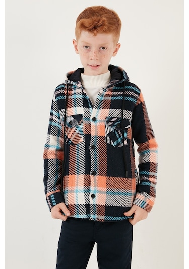 Lela Kapüşonlu Çift Cepli Ekoseli Kışlık Oduncu Erkek Çocuk Gömlek Cf24W81781 Lacivert-Turuncu