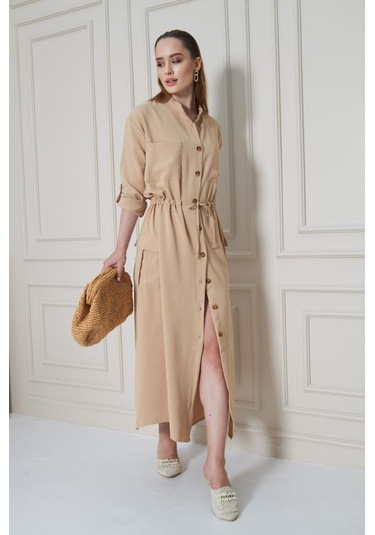 Kadın Yeni Sezon Krep Cepli Uzun Katlanabilir Kollu Büzgülü Elbise Yazlık Günlük Giyçık Bej