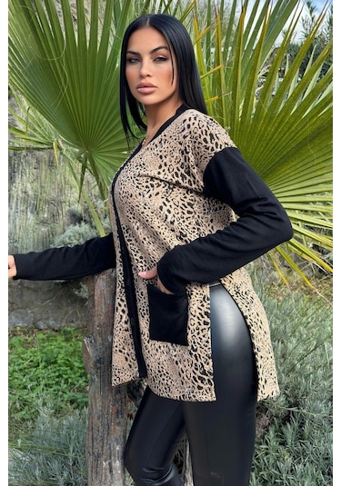 WeShaya Bej Leopar Desen, Siyah Cep Ve Kol Detaylı Yırtmaçlı Örme Hırka Leopar
